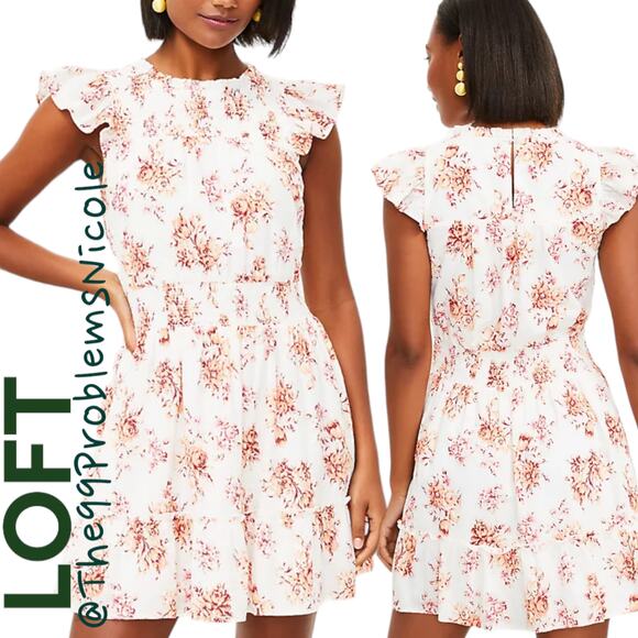 Loft Floral Smocked Ruffle Flare Dress - Picture 1 of 7